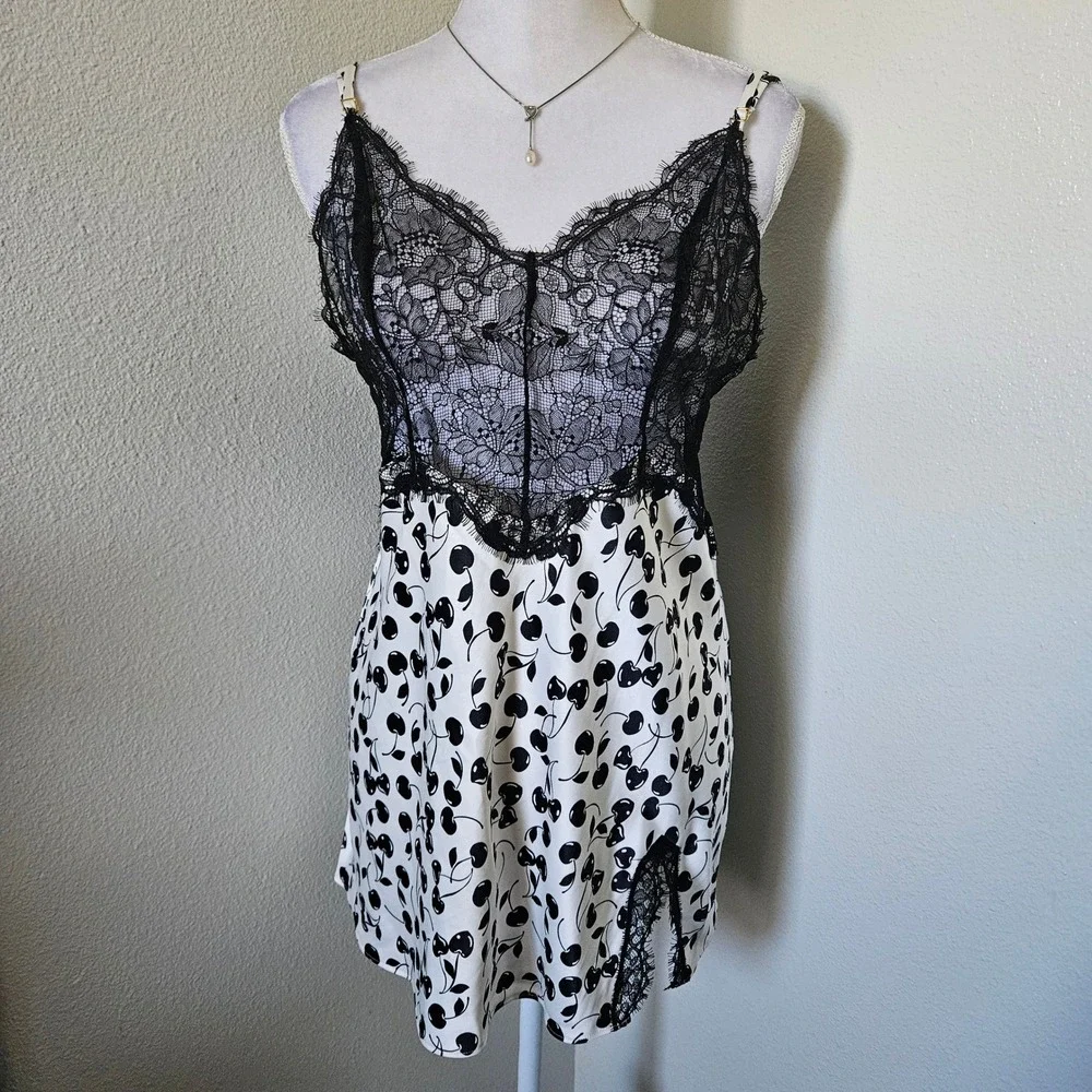 Victoria's Secret Cherry Print Lace Slip Dress Nightgown Black White NWT
